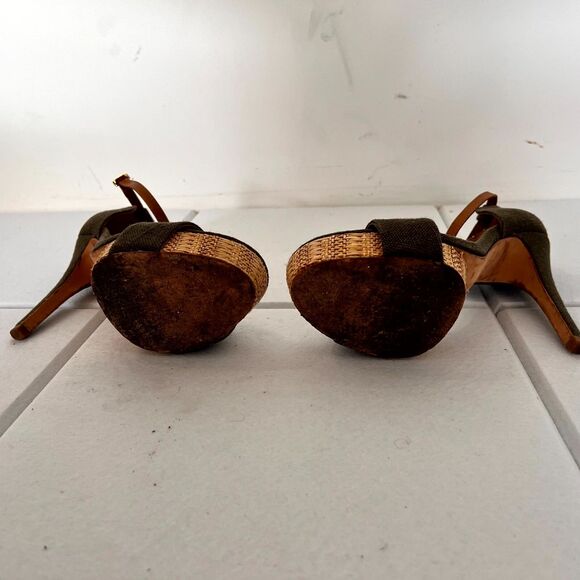 Tory Burch Amina Women Sandal Sz 7.5M Olive Woven Platform High Heel Ankle Strap - Picture 9 of 16